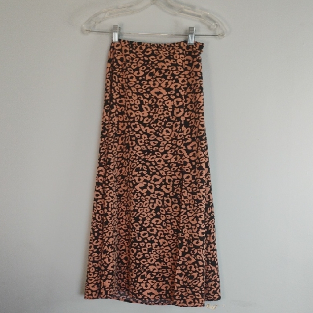 SHEIN Blush Black Animal Print A-Line Midi Skirt Casual High Side Slit Size XS